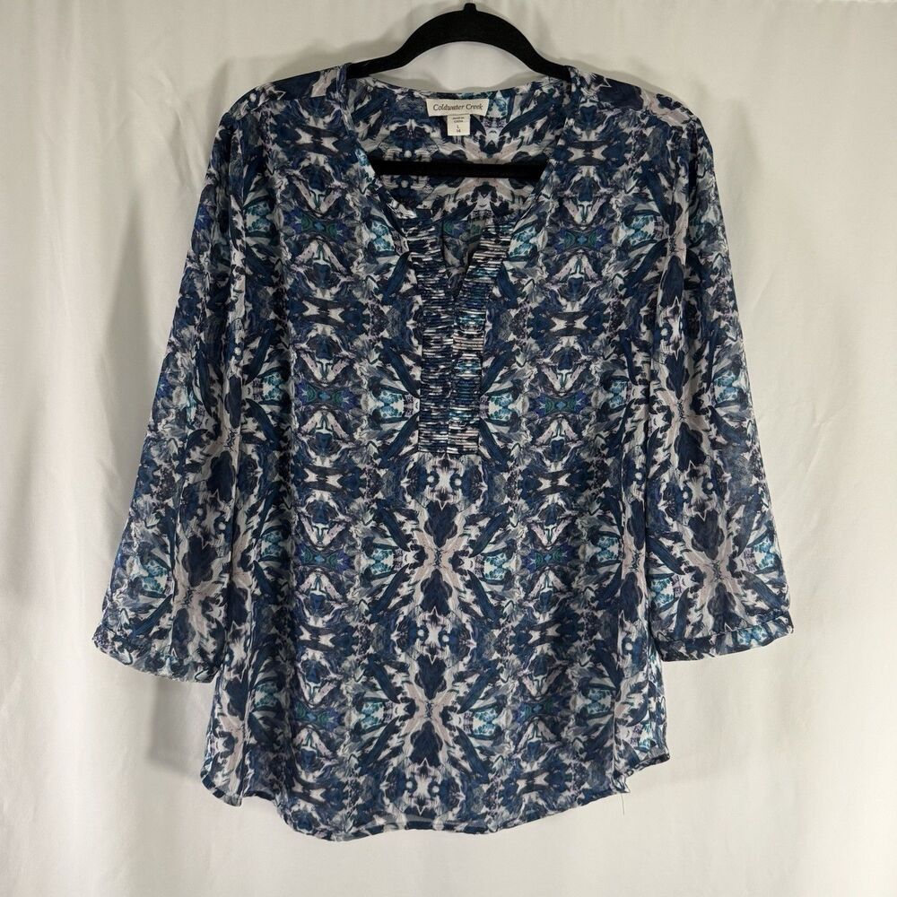 Coldwater Creek Blouse Women's Large Blue Floral V-Neck 3/4 Sleeve Semi Sheer